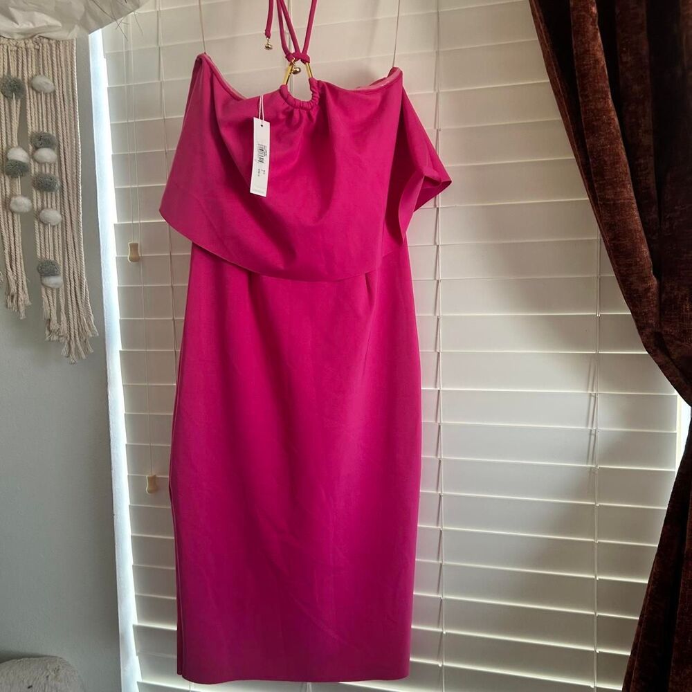 Trina Turk soozy Hot Pink Cape Cocktail Midi Dress Formal Wedding Guest Size 2